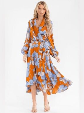 Orange Floral Wrap Midi Dress with Tie Waist and Long Sleeves